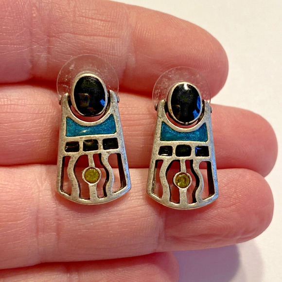 Chico's Chic Pierced Earrings Boho Artisan Stylized Black & Teal Enamel Accents - Picture 5 of 5